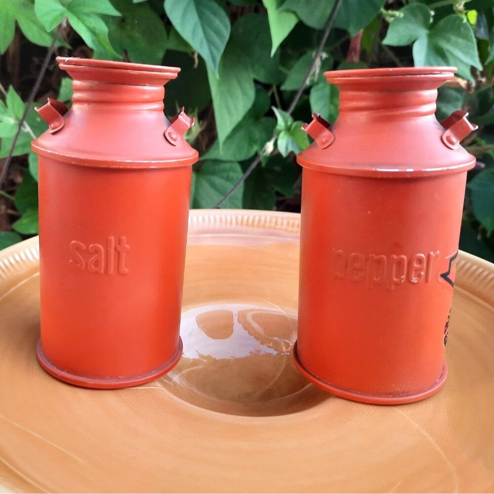 Vintage Milk Can Aluminum Salt & Pepper Shakers Set Painted Orange 1960s